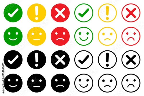 Obraz Set of colorful and black emoji face icons with checkmarks, exclamations, and cross signs. Includes happy, neutral, and sad expressions in green, yellow, red, black, and outline styles. Vector icons.