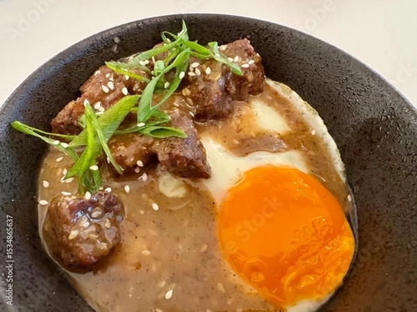 Obraz A bowl of rice with roasted beef, fried egg, sesame seed, and special sauce