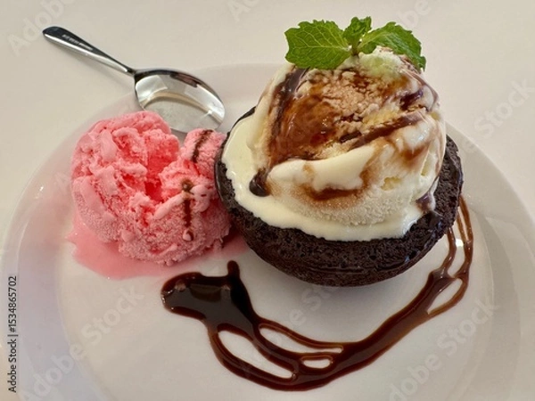 Obraz A portion of chocolate lava cake with ice cream and special sauce