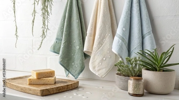 Fototapeta Luxurious Spa Towels Hanging in a Tranquil Bathroom Setting with Natural Soap and Plants