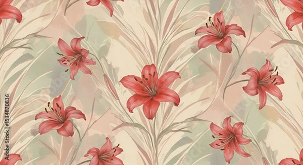 Fototapeta Elegant Red Lily Floral Pattern Watercolor Seamless Texture for Design Projects