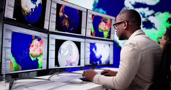 Fototapeta Meteorologists Analyzing Climate Change Consequences On Weather Map