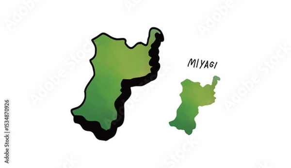 Fototapeta 緑の水彩で塗られた宮城県の地図の手書きベクターイラスト