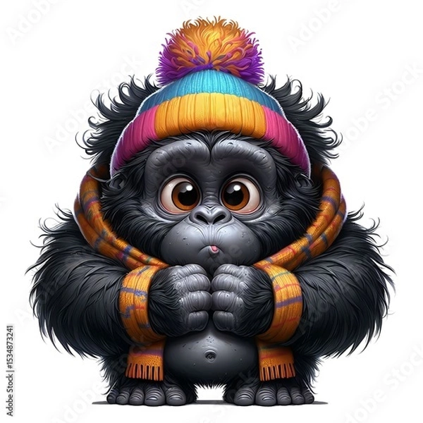 Fototapeta A whimsical cartoon gorilla in a knitted hat and scarf is freezing in the cold.