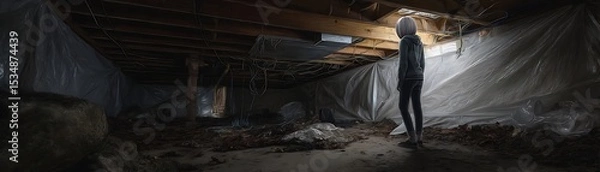 Obraz Person standing in a dark, cluttered basement.