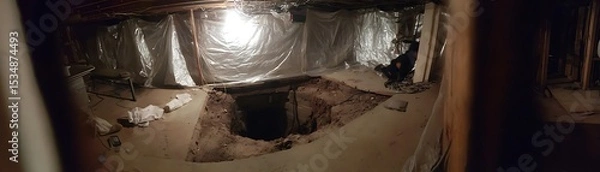 Obraz Interior view of a basement with a large hole in the floor.