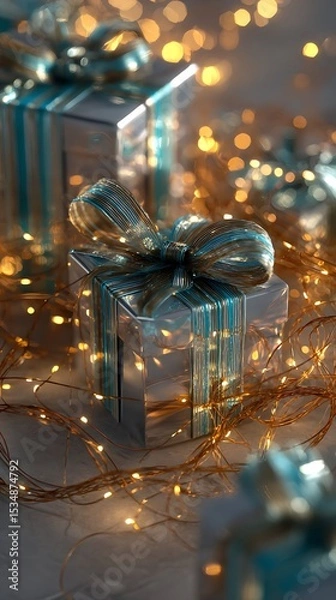 Obraz Silver gift boxes with teal ribbons and warm lighting.