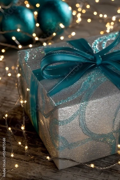 Obraz Teal ribbon adorns a sparkling silver gift box.
