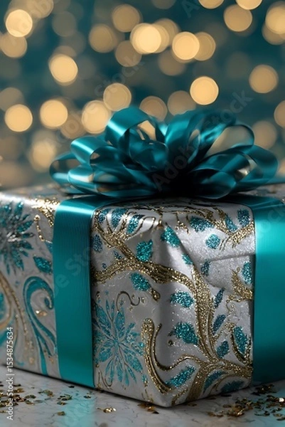Obraz Teal ribbon tied gift box with a festive design.
