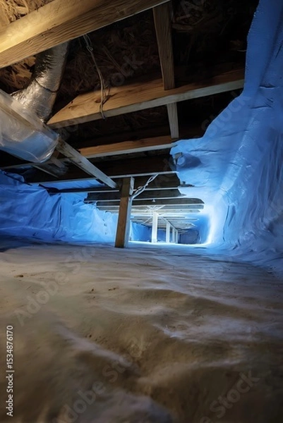 Obraz Interior view of a basement crawlspace with insulation.