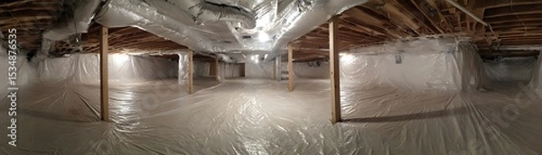 Obraz Interior of a basement with plastic sheeting.