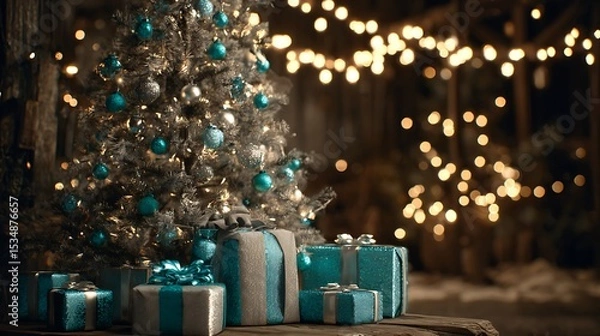 Obraz Christmas tree with teal and silver decorations and presents.