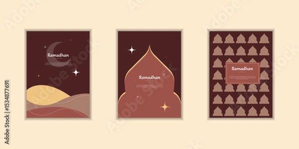 Fototapeta Ramadan Kareem poster, holiday cover set. Islamic greeting card, banner template. Arabic text mean Ramadan Kareem. Modern design with geometric pattern