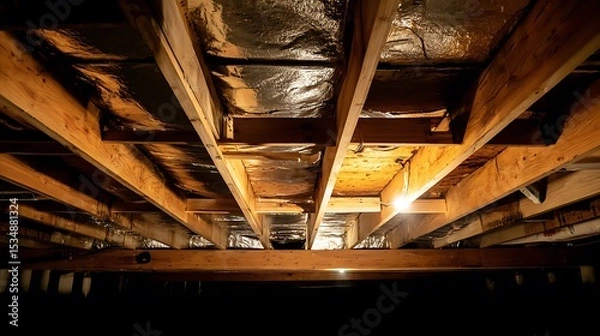 Obraz Interior view of a basement's wooden support beams.