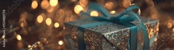 Obraz Festive gift box with teal ribbon, illuminated by warm lights.