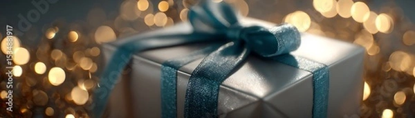 Obraz Silver gift box tied with teal ribbon.