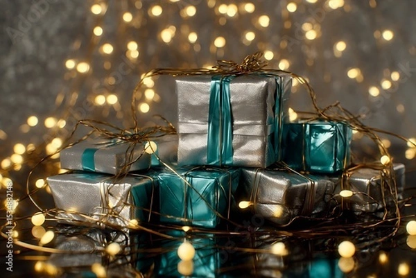 Obraz Stacked gift boxes wrapped in silver and teal paper, adorned with string lights.