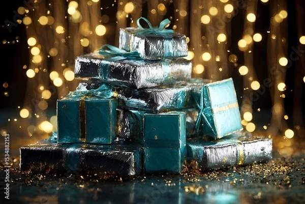 Obraz Teal and silver gift boxes stacked high against a backdrop of twinkling lights.