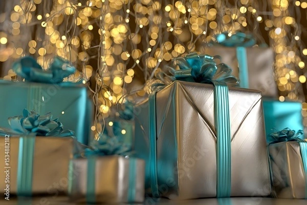 Obraz Silver and teal gift boxes arranged with blurred holiday lights.