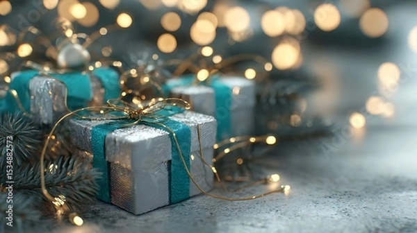 Obraz Wrapped gifts with teal ribbons on a grey surface, lit by warm lights.