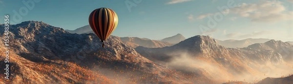 Obraz Colorful hot air balloon over a mountain range at sunrise.