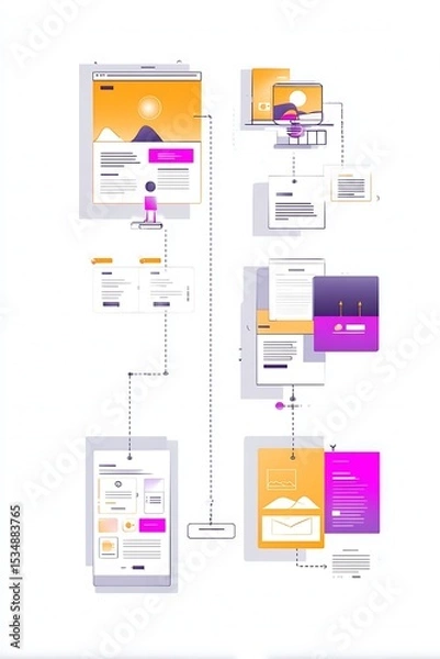 Obraz Digital content creation process illustrated as interconnected web pages and documents.