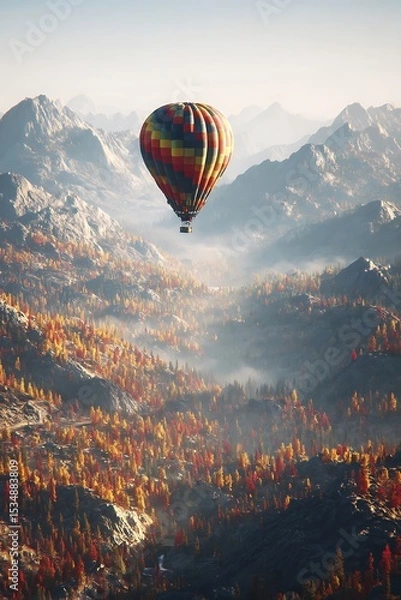 Obraz Colorful hot air balloon over a mountain valley in autumn.