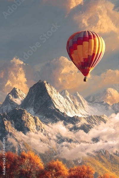 Obraz Colorful hot air balloon over a mountain range with autumn foliage.