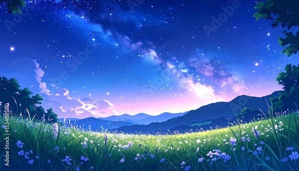 Obraz 星空の草原、満天の星と山並み、夜明け前の風景、幻想的な夜空、天の川のある風景、自然と宇宙の融合、静かな夜の草原、夜空に広がる星、光る星と花畑、夢のような景色