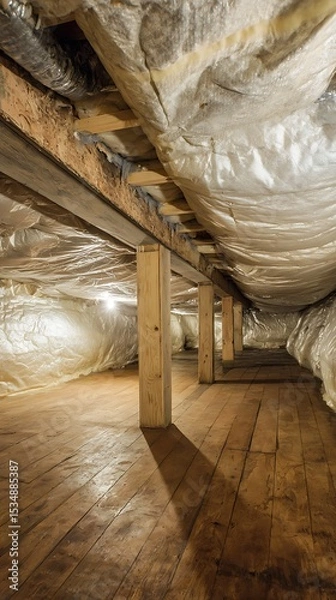 Obraz Wooden support beams and flooring in a basement area.