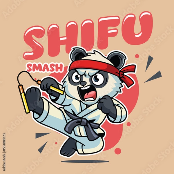 Fototapeta Cute cartoon pandas in martial arts poses wearing karate uniforms and headbands. Fun and dynamic illustration perfect for kids, sports, and character design themes