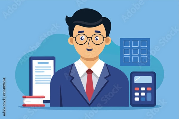 Fototapeta Professional man with glasses engaged in accounting tasks in a modern office environment