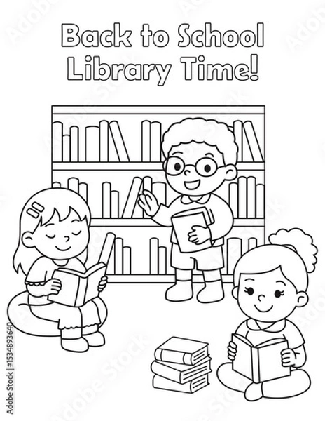 Fototapeta Library time coloring page with children reading books. Great for back to school themes, classroom literacy, and early education printables.