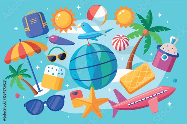 Fototapeta Colorful summer vacation elements with sun, beach, and travel items