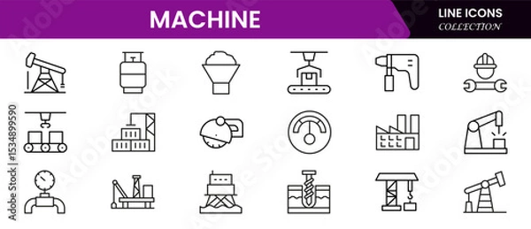 Fototapeta Robust vector web line icons depicting factory machinery, automation, production lines, industrial tools, and efficient manufacturing processes.