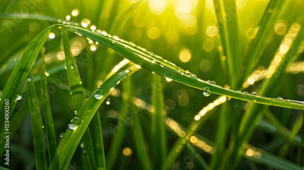 Obraz macro photo of rice leaves with yellowish sunlight dew droplets