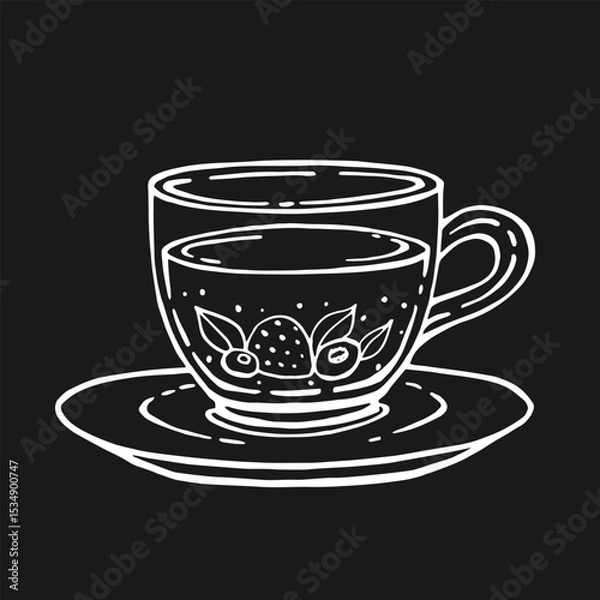 Obraz Glass cup of tea, berries. Hand drawn vector illustration in outline style.