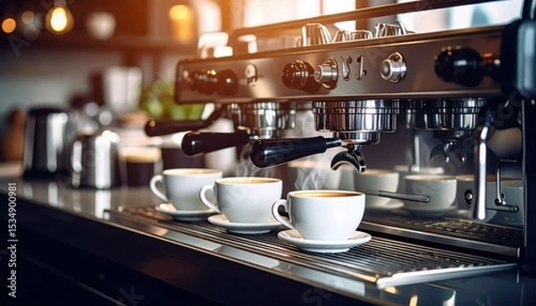 Fototapeta Three steaming cups of coffee being brewed at a modern café with soft lighting and ambiance