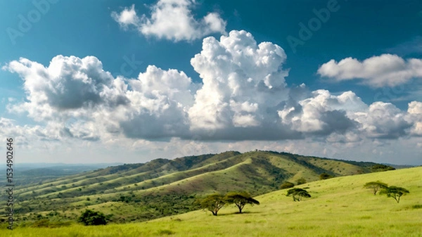 Obraz hill view with green savanna and clear cloudy sky
