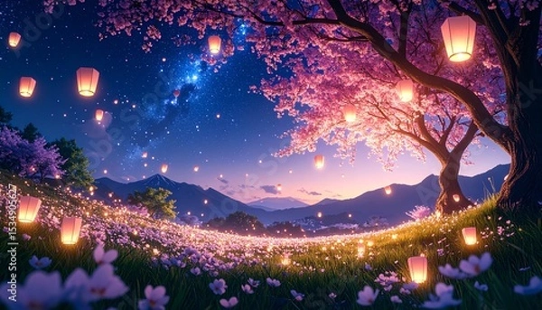 Obraz 桜の夜景、ランタンの舞う春の夜、星空と桜の丘、幻想的な春風景、灯りに包まれた花畑、満開の桜と天の川、春の宵と灯籠、桜並木と星の空、夢のような桜の風景、夜桜と光の演出