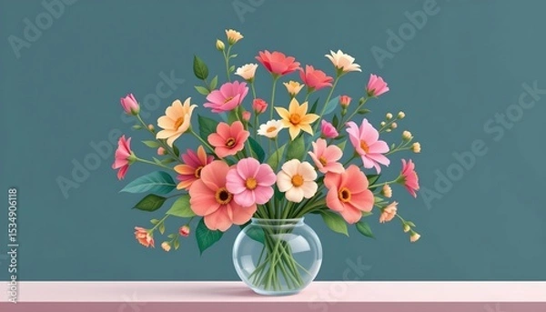 Fototapeta high quality, flat of a flower arrangement in a vase, minimal shapes and pastel tones