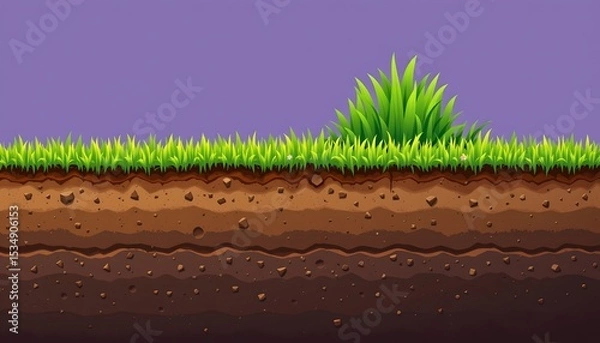 Fototapeta high quality, simplified soil strata with stylized grass on surface, flat colors and no textures