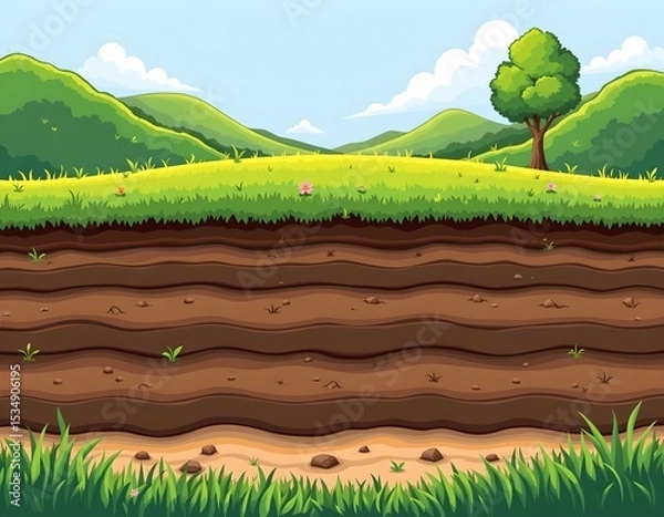 Fototapeta high quality, minimal layered soil and grass with clean lines and soft shading, cartoon like style