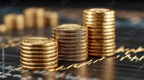 Fototapeta Gold stock rise portfolio and forecast analysis concept. Stacks of gold coins on a financial trading chart background.