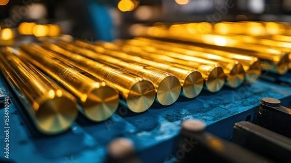 Fototapeta Gold-colored metal rods arranged in rows on a blue industrial surface