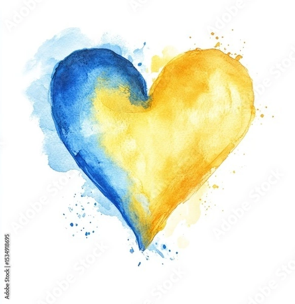 Fototapeta A vibrant heart, painted in shades of blue and gold, evokes a sense of unity and hope. Watercolor heart with blended colors