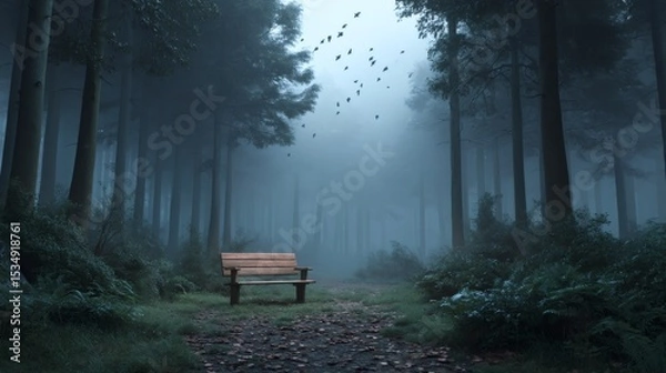 Fototapeta Serene Foggy Forest Scene with Empty Bench Surrounded by Trees
