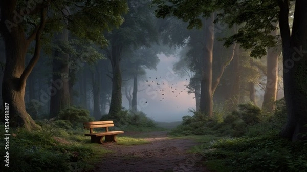 Obraz Serene Forest Pathway with a Wooden Bench Surrounded by Trees