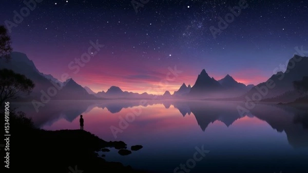 Obraz Serene Landscape with Stars Over a Calm Reflective Lake at Dusk