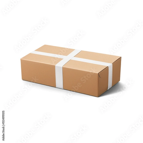 Obraz Cardboard box with white tape on brown background